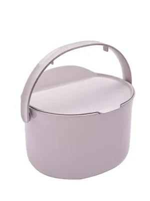 A light gray trash can with a handle and lid, isolated on a white background.