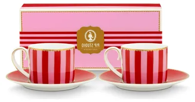 Produktbild von Espressotasse mit Untertasse Love Birds Stripes Rot-Rosa 0,125l Set2