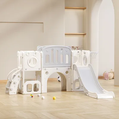 Produktbild von 6-in-1 Rutsche mit Rutsche, 2 Plattformen, 2 Bodenschrankfächern, Basketballkorb und Treppe - Hochdichtes Polyethylen (Ozeanbälle nicht enthalten