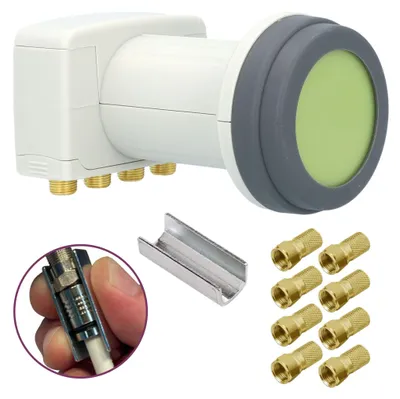 Produktbild von GSS Helios Quattro LNB + 8X Fstecker, mit LTE Abschirmung & Sun Protect Schutz, nur für Multischalter Multiswitch geeignet, kein Direktanschluss, 4K LMB für Sat Spiegel