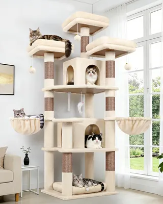 Produktbild von Katzenkratzbaum Beige, 174 cm, 3 Sitzstangen, 2 Katzenhäuser, 2 Körbe, Sisalstämme, für 2-4 Katzen