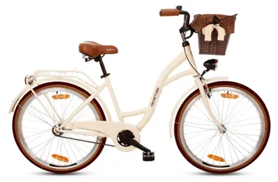 Produktbild von Goetze Style 26 Zoll City Bike, 43 cm Tiefeinsteiger, 1-Gang mit Rücktrittbremse hinten & V-Bremse vorne, LED-Beleuchtung, Rattankorb mit Bezug