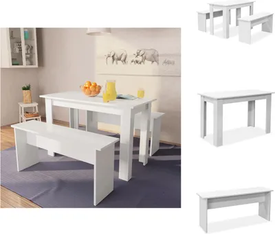 A collage of images showing a white dining set with a table and benches, presented in different angles and contexts.