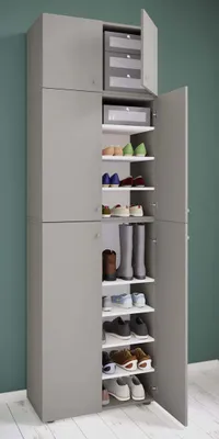 Produktbild von VCM Holz-Schuhschrank | Maße: H. 200 x B. 70 x T. 39 cm | Allzweckschrank | 9 Fächer | 4 Drehtüren | Aufsatz mit 2 Türen – Lona