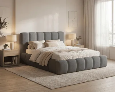 Produktbild von Polsterbett 180x200 Aurelis, Schaumstoffbett im Wolken-Design, Bouclé Stoff - Grau, KI-generiertes Bild