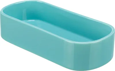 A turquoise ceramic pet bowl on a white background.