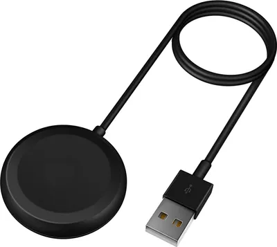 A black USB charging cable with a round charging puck for a smartwatch.