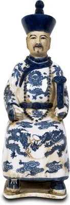 Produktbild von Porzellanfigur eines sitzenden chinesischen Kaisers mit Schlange – handbemalte blau-weiße Keramikstatue, 13 x 11 x 31 cm