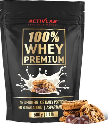 A bag of Activlab 100% Whey Premium protein powder with cookies and milk splash.