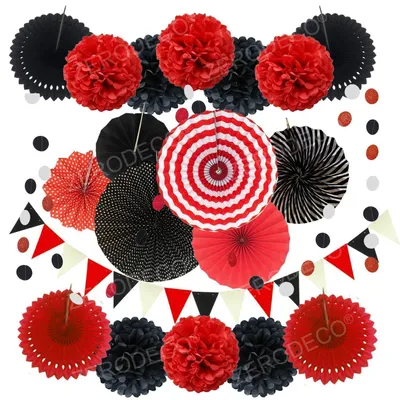 Immagine prodotto di Set di decorazioni per feste, rosso e nero, 21 pezzi: pompon di carta, ventagli, ghirlande, bandierine