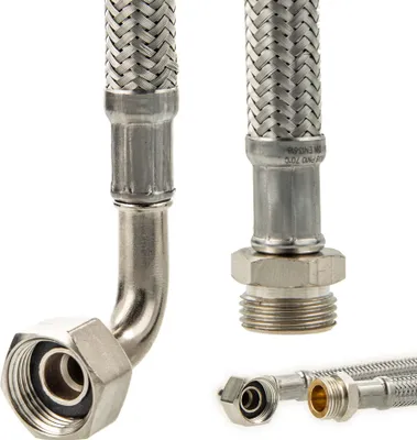 Produktbild von tecuro Verbindungsschlauch 150 mm, 3/8\" ÜWM x 3/8\" AG, DN 8, 90° Bogen, flexibel, mit Dichtung, max. 10 bar, -10°C bis 90°C, HDPE, Edelstahl 1.4301, vernickeltes Messing, KTW-A DVGW, für Trinkwasser