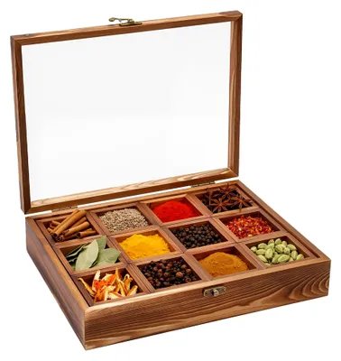 Produktbild von Handgefertigte Gewürzbox aus Holz mit Glasdeckel und 12 Fächern