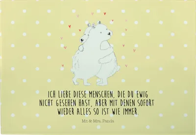 Produktbild von Mr. & Mrs. Panda Hackbrett Eisbär Umarmen - Gelb Pastell - Geschenk, Lustige Sprüche, Schneidebrett Glas, Frühstücksbrett, Servierplatte
