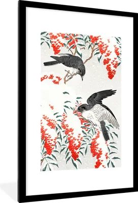 Produktbild von MuchoWow® Gerahmtes Poster Vögel - Beere - Rot - Japandi 60x90 cm - Poster mit Schwarzem Bilderrahmen Wandposter Rahmen Foto Bilder - Dekoration - Wandposter Wohnzimmer - Hochwertig