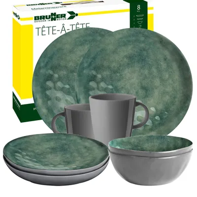 Produktbild von BRUNNER Camping Geschirr Set 2 Personen | Anti-Slip | Tete a Tete VENETIAN SEA GREEN, 8-tlg.