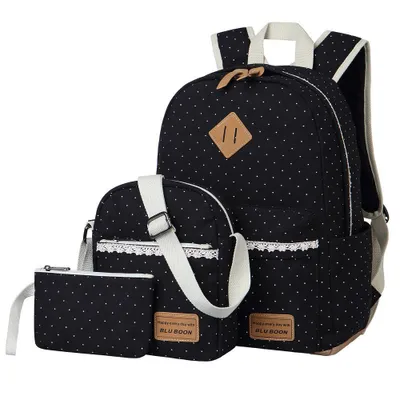 Obrázok produktu pre Dievčatá školský batoh, módne dámy plátno batoh Polka Dot roztomilé čipky deti batoh vonkajšie voľný čas denné batohy školské tašky pre teenagerov 16,5x13x5,5 palca (čierna 3 set)