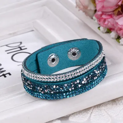Produktbild von Damenmode Strass Kunstleder Armband Manschette Punk Armband Armreif Geschenk-Pfauenblau