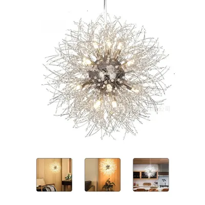 A close-up of a dandelion-shaped crystal chandelier, with smaller inset images showing it installed in different room settings.