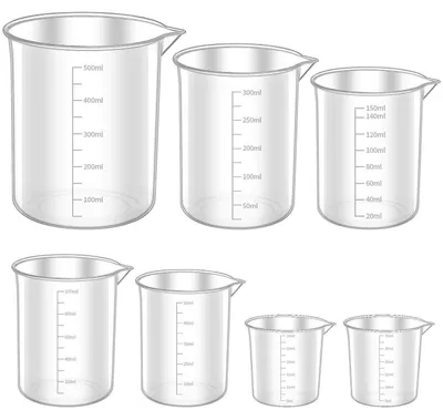 Immagine prodotto di Set di misurini in plastica, 7 pezzi, resistenti al calore, con scala da 30 ml a 500 ml, per uso in cucina e in laboratorio