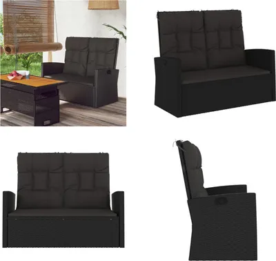 Zdjęcie produktu dla vidaXL Ławka ogrodowa z funkcją rozkładania i poduszkami czarna 118 cm z polirattanu - Ławka ogrodowa - Ławki ogrodowe - Ławka - Ławka zewnętrzna
