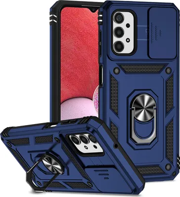 Image de Étui pour Samsung Galaxy A13 4G étui double couche avec couvercle coulissant pour appareil photo et anneau de support bleu