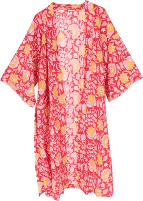 Produktbild von Kimono im Japan Style, Handbedruckter Oversize Baumwoll Kimono Mantel, Kimonokleid - Rot, Damen, Mehrfarbig, Baumwolle, Größe: L/XL