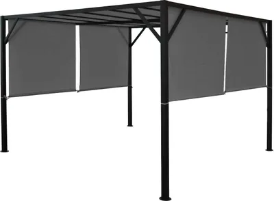 A gray pergola with a retractable roof, shown from a front-side angle against a white background.