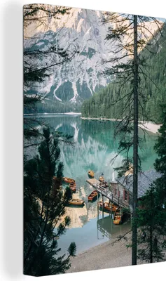 Produktbild von MuchoWow® - Leinwandbilder - Luftaufnahme des Pragser Wildsees in Italien, Wandbild, Wanddeko Bilder Wohnzimmer, 40x60 cm