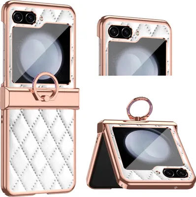 Produktbild von Luxus Leder Muster Galvanik Handyhülle für Samsung Galaxy Z Flip 5 mit Ringhalterung und Scharnierschutz Weiß