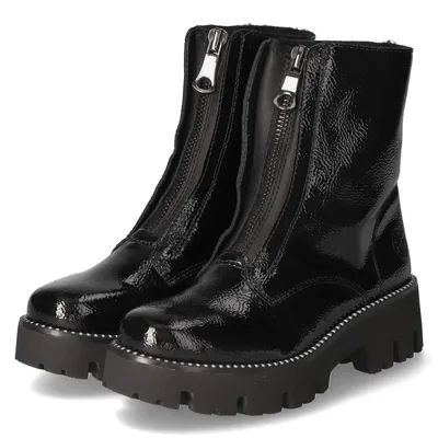 A pair of black patent leather ankle boots with zippers on a white background.