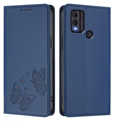 Image de Étui en cuir pour Nokia C22, motif papillon, étui à rabat avec porte-appareil, bleu foncé