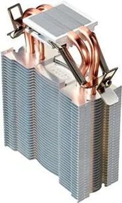 A computer CPU cooler with copper heat pipes and aluminum fins.