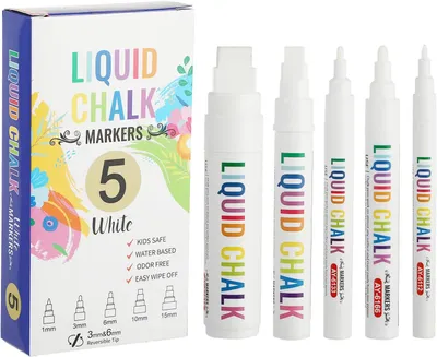 Produktbild von Flüssige Kreidestifte weiß, 5 Stück, verschiedene Spitzenbreiten, auswaschbar, für Fenster und Whiteboards
