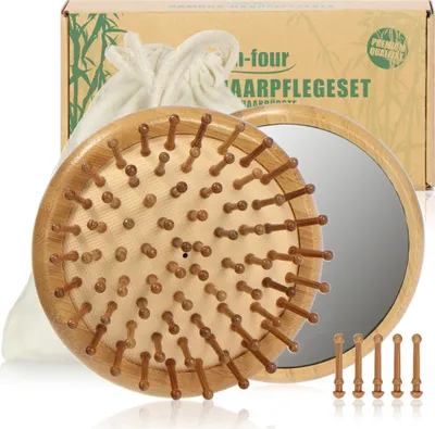 Produktbild von COM-FOUR® 2-teiliges Premium Haarpflegeset, Detangler Haarbürste aus Bambus und kleiner Frisierspiegel, Entwirrbürste gegen verfilzte Haare, für jeden Haartyp