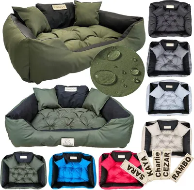 A collage of dog beds in various colors and styles, along with close-ups of fabric texture and personalized name tags.