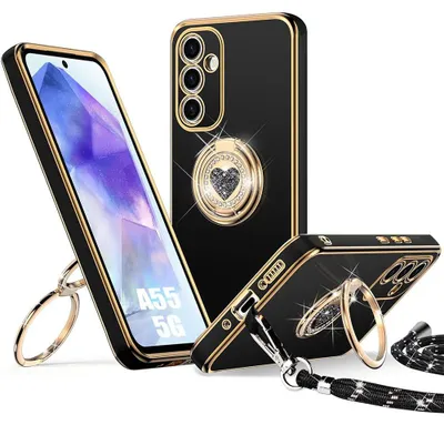 Image de Coque pour Samsung Galaxy A55 5G, Silicone Souple Anti-Rayures avec Cordon et Anneau Rotatif Brillant - Noir