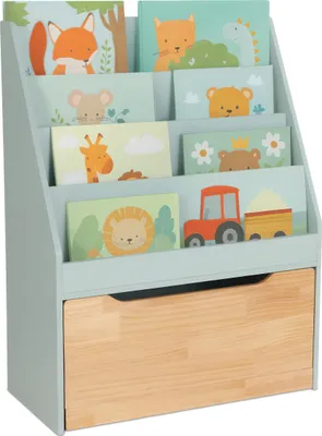 Produktbild von Relaxdays Bücherregal Kinder, HxBxT: 80x60x30 cm, 4 Bücherfächer, Spielzeugkiste mit Rollen, Kinderregal, türkis/natur