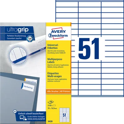 Immagine prodotto di Avery - Permanentklebeetiketten - weiß - 70 x 16,9 mm 5100 Stck. (100 Bogen x 51) (3420)