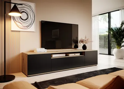 Produktbild von TV-Schrank 200 cm, Fernsehschrank, TV-Schrank, Artisan/Schwarz Matt, Push-to-Open System, modernes Design, "Masimo"