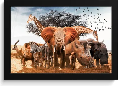 Produktbild von MuchoWow® MuchoWow® Gerahmtes Poster Tiere - Giraffe - Elefant 30x20 cm - Poster mit zchwarzem Bilderrahmen - Kunstdruck - Bild-Poster