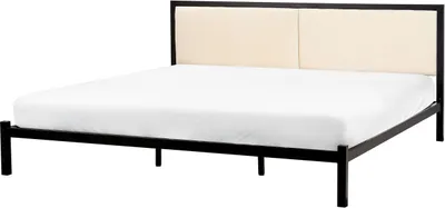 Zdjęcie produktu dla BELIANI Łóżko ze stelażem czarne metalowe z jasnobeżowym materiałowym wezgłowiem 180 x 200 cm nowoczesny design