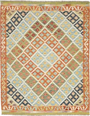 Produktbild von Unyqoos® Kelim-Teppich – handgewebter Wollteppich mit traditionellem geometrischem Muster, 154 x 198 cm