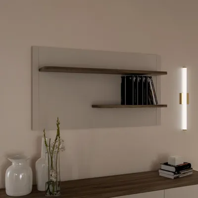 Produktbild von Forte LACETTI Wandregal 120, modernes Hängepaneel mit Ablageflächen, Wohnzimmer, Schlafzimmer, Holzwerkstoff, Kaschmir | Beige mit Valencia Eiche Holzdekor, 120 cm breit x 66 cm hoch x 21,9 cm tief