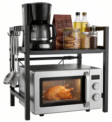 Image de Étagère extensible pour micro-ondes, 2 niveaux, étagère de cuisine autoportante en acier
