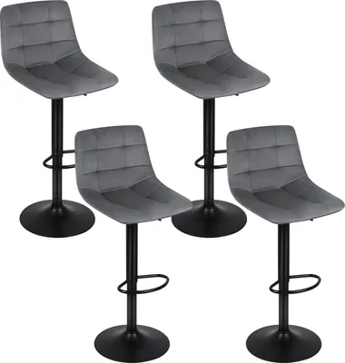 Four gray bar stools are arranged in a studio setting against a white background.
