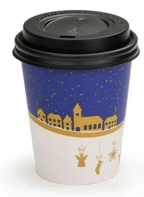 Produktbild von 150x Glühweinbecher mit Deckel, Pappbecher (nachhaltig produziert) Wintermotiv mit 200 ml Füllvolumen