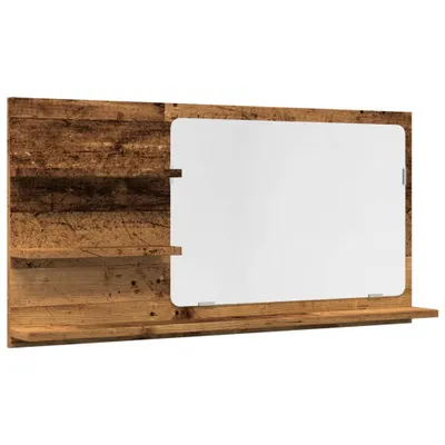 A bathroom mirror with shelves, featuring a rustic wood-look frame and a white mirror surface.