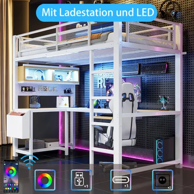 Produktbild von okwish Jugendbett 90×200 mit Ladestation und Schreibtisch,Hochbett mit LED und Tastaturablage,Einzelbett in Weiß,ohne Matratze