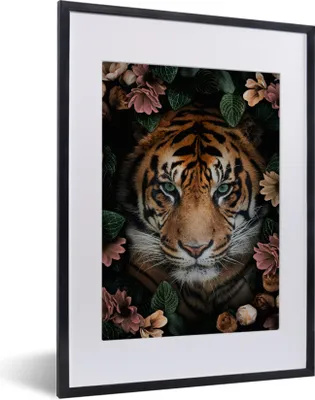 Produktbild von MuchoWow® MuchoWow® Gerahmtes Poster Tiger - Blumen - Blätter 30x40 cm - Poster mit zchwarzem Bilderrahmen - Wandposter Schlafzimmer