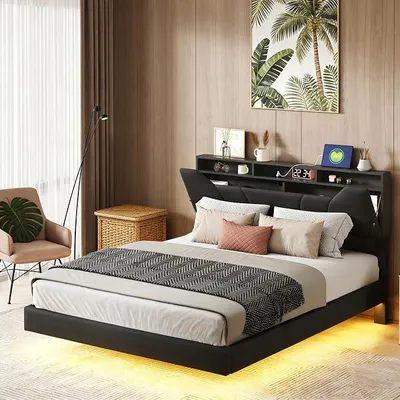Productafbeelding van Boxspringbed 160x200 met LED-verlichting en USB-poorten, gestoffeerd bed met opbergruimte, jeugdbed 160x200 met opbergruimte. Boxspringbed met opbergruimte, tweepersoonsbed met hoofdeinde, bed met opbergruimte, bed met LED-verlichting en opbergruimte